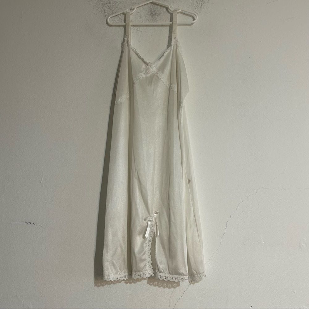 Vintage Lace Slit Nylon Slip Dress 14 White Fairy Coquette Cottage ILGWU Union